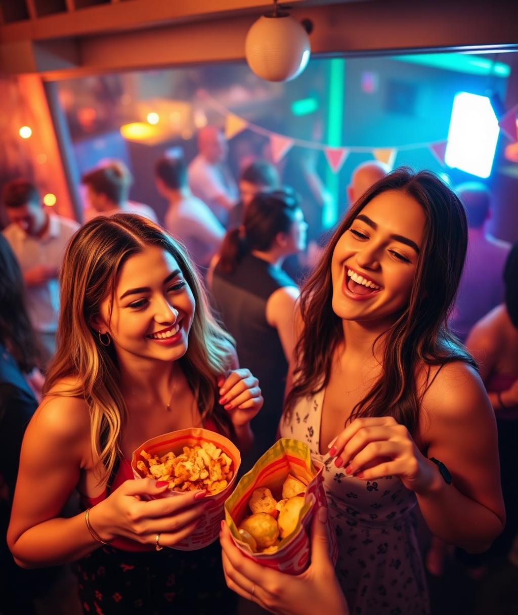 Friends sharing Crunch•Co snacks at a lively party